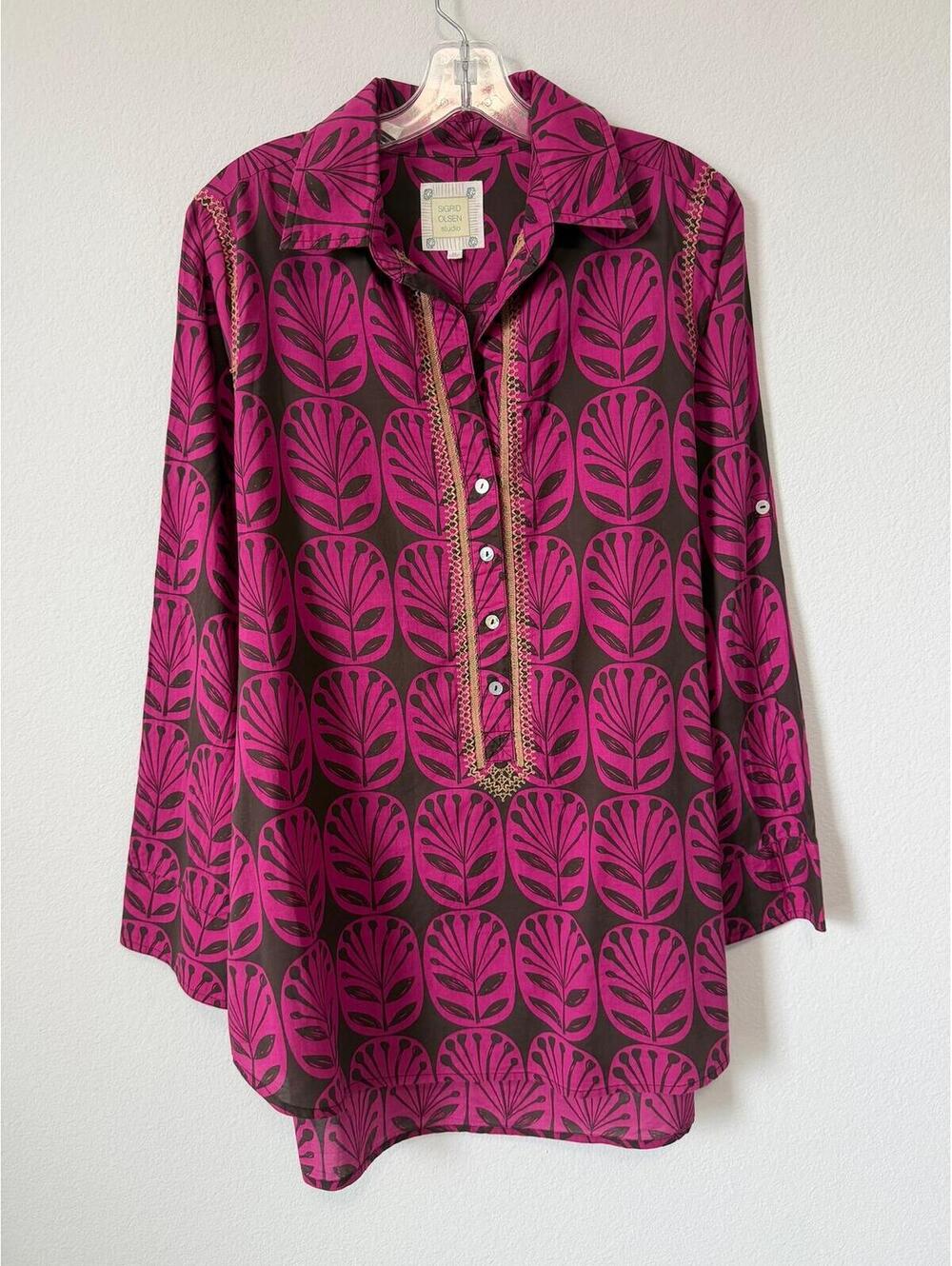 Sigrid Olsen 100% Cotton Long Sleeve Half Button Floral Boho Tunic Blouse Size M